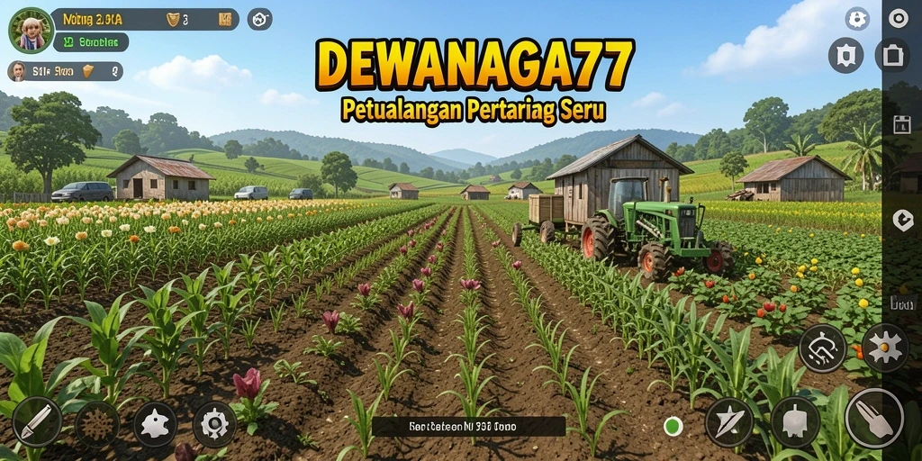 Tangkapan layar gameplay DEWANAGA77 yang menunjukkan pertanian subur dan tanaman beraneka ragam.