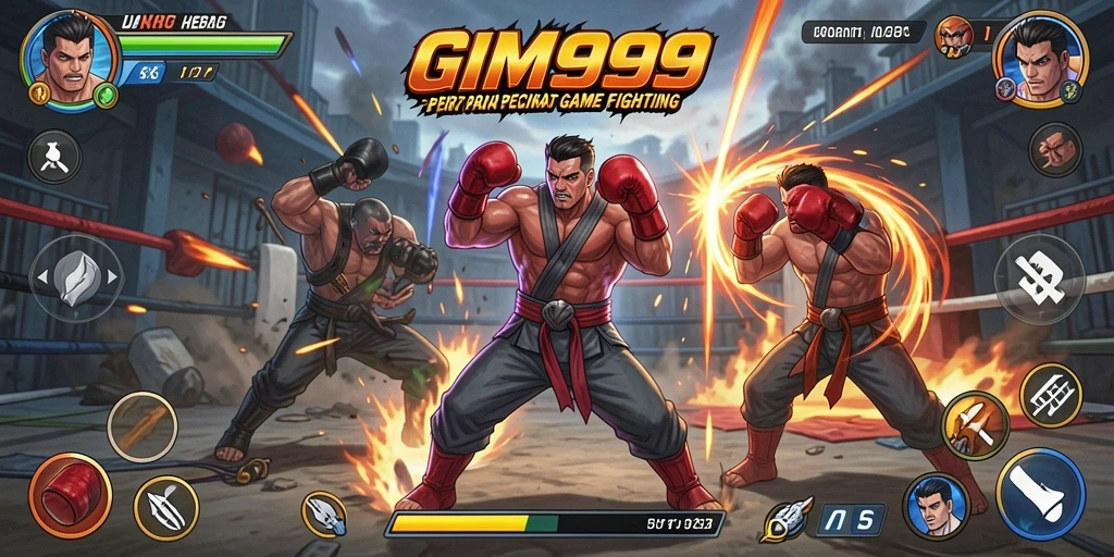 Screenshot GIM999 menampilkan pertarungan epik antar karakter.