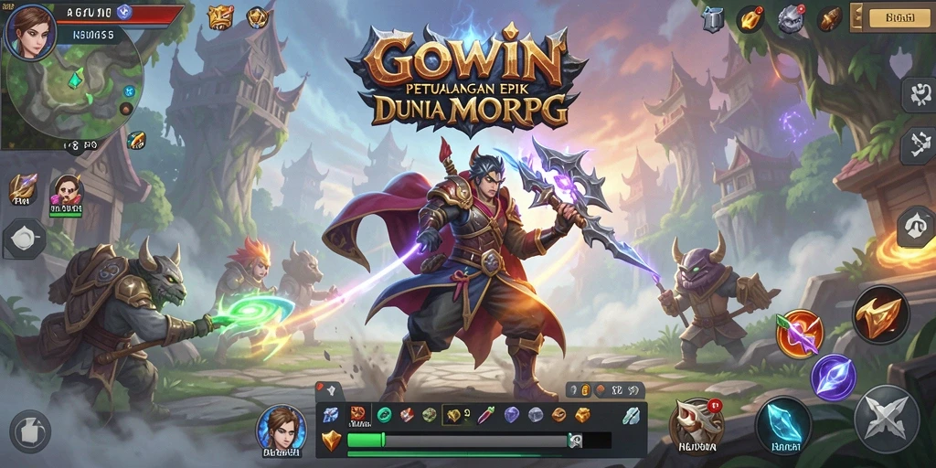 Screenshot utama GOWIN menampilkan pertarungan epik dalam dunia MMORPG.
