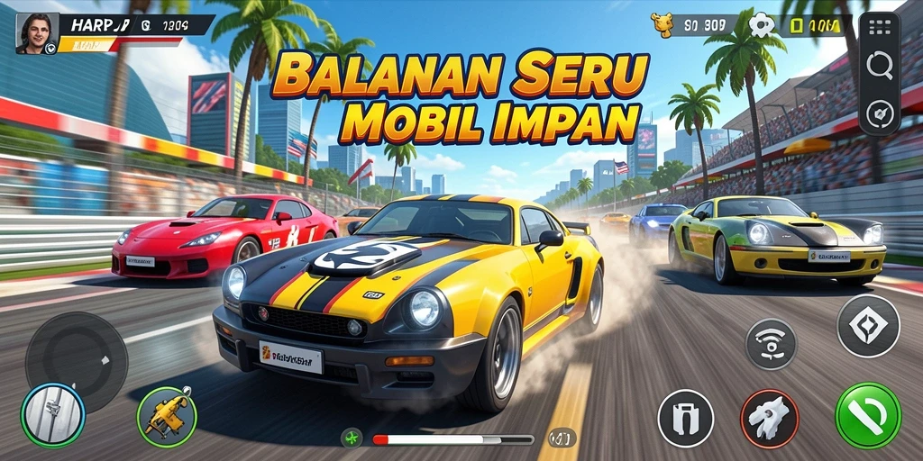 Tampilan gameplay balap seru di HARAPJP dengan mobil kustom dan trek menantang.