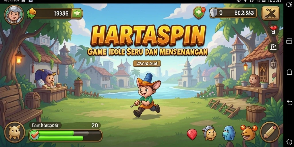 Screenshot gameplay HARTASPIN menampilkan pengumpulan aset Idle yang mengasyikkan.