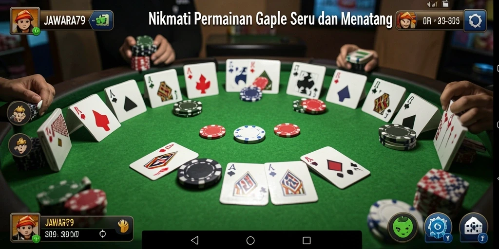 Screenshot utama JAWARA79 menunjukkan gameplay Gaple yang seru.