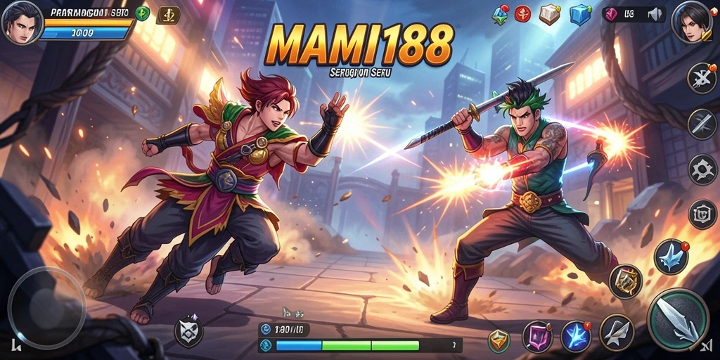 Tampilan screenshot MAMI188 menunjukkan pertarungan mendebarkan antara dua karakter unik.