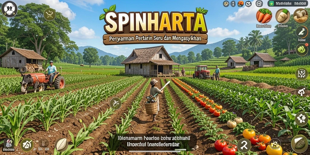 Tampilan gameplay SPINHARTA yang menampilkan aktivitas bertani yang seru.